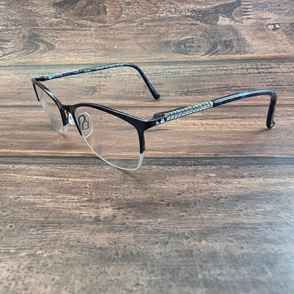Tura TE247 Navy Blue Semi Rimless Cat Eye Eyeglasses Crystal Temples 52-18-135‎
